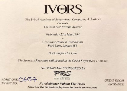 My invite to The Ivor Novello Awards