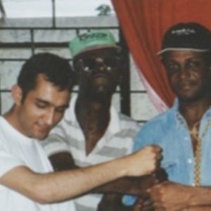 With Dillinger and Sly Dunbar (Sly and Robbie) in the kitchen at Bob Marley's Tuff Gong Studio Kingston Jamaica 1993